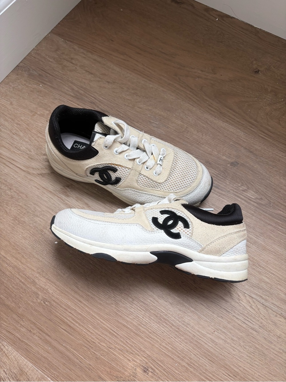 CHANEL Beige and Black CC Logo Sneakers